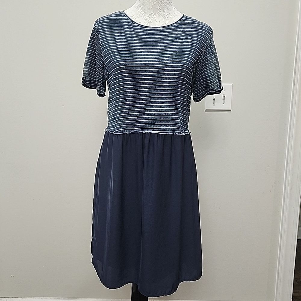 Jane and Delancey Women Small Blue Striped‎ Casual Dress Short Sleeve Boho Flowy